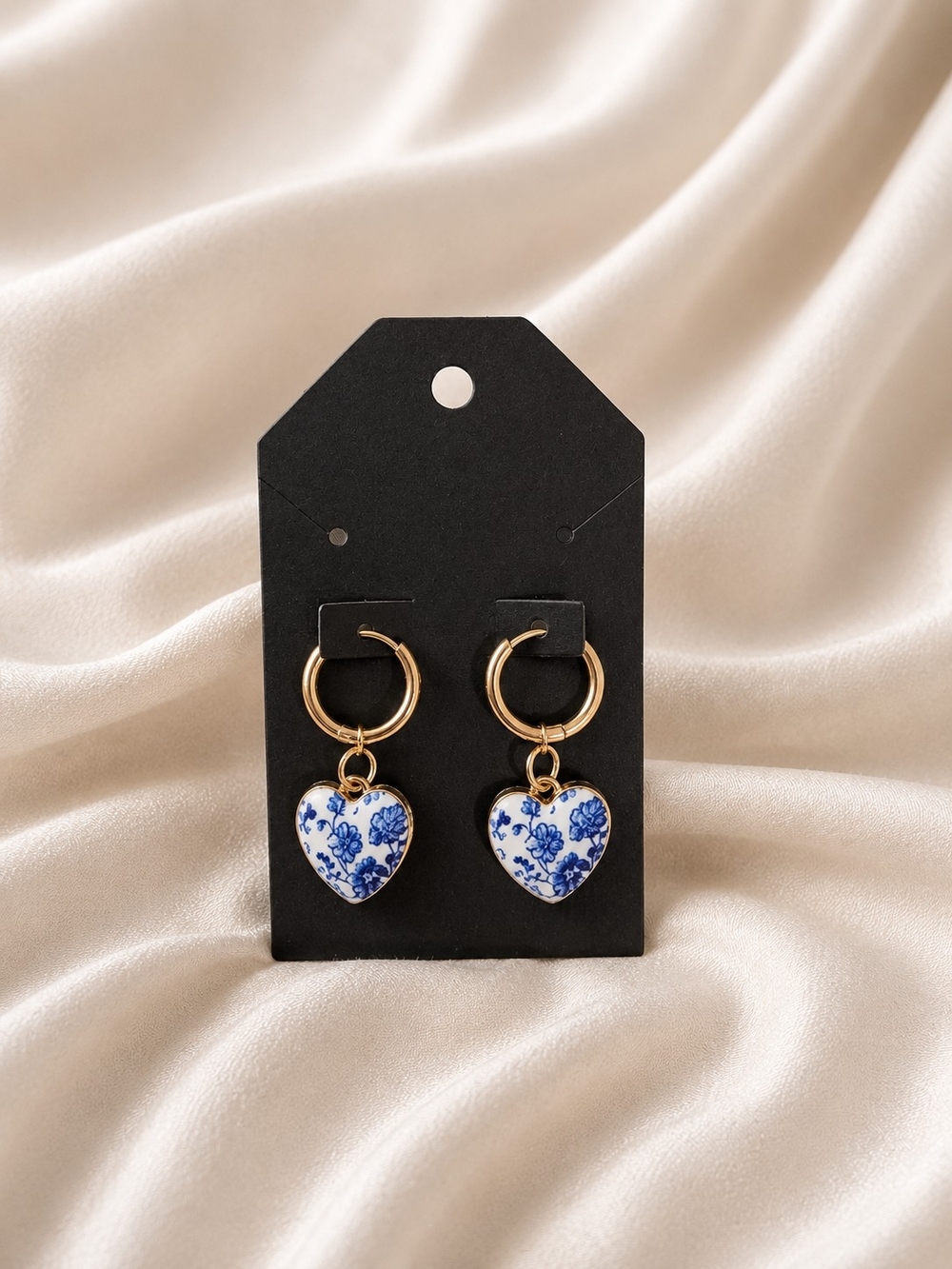 Huggie Hoop Earrings 14mm with Blue Floral Heart Charm